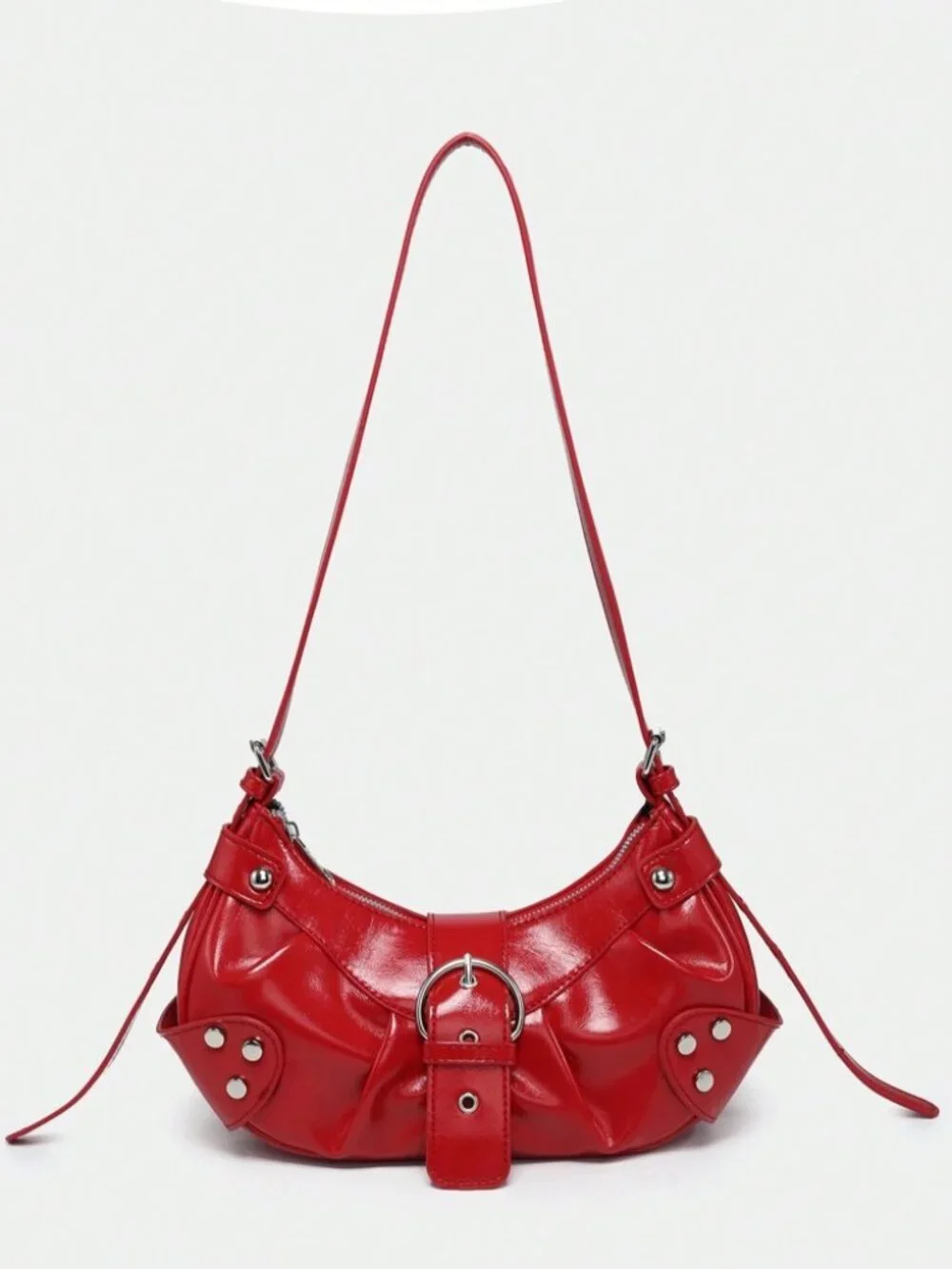 Cherry Red Studded Baguette Bag Y2K Punk Vegan Leather Shoulder Purse